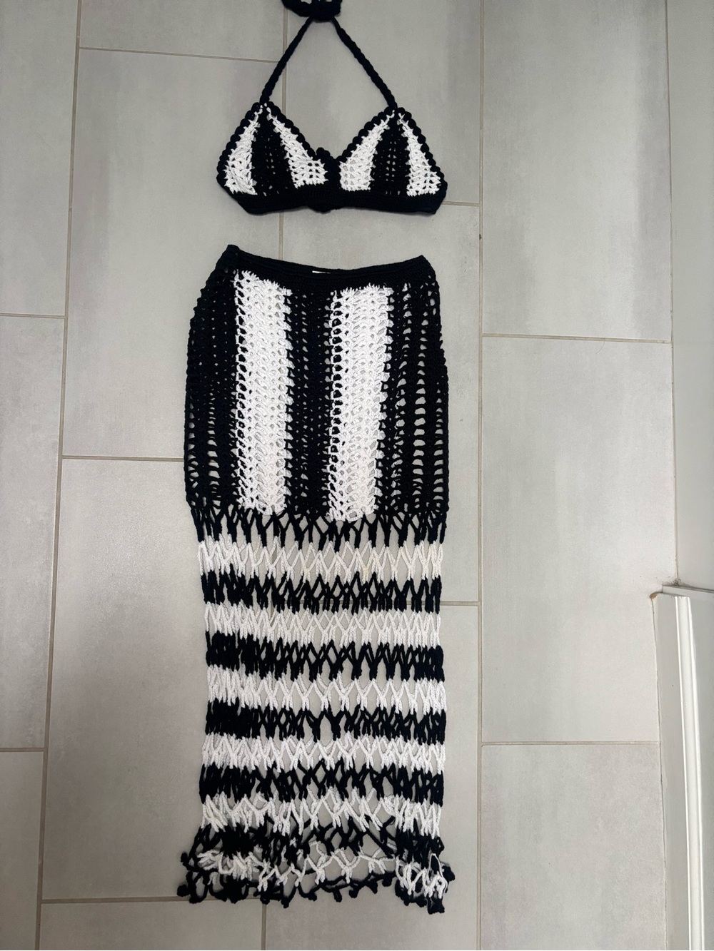 Black & White Crochet Striped Maxi Dress Set